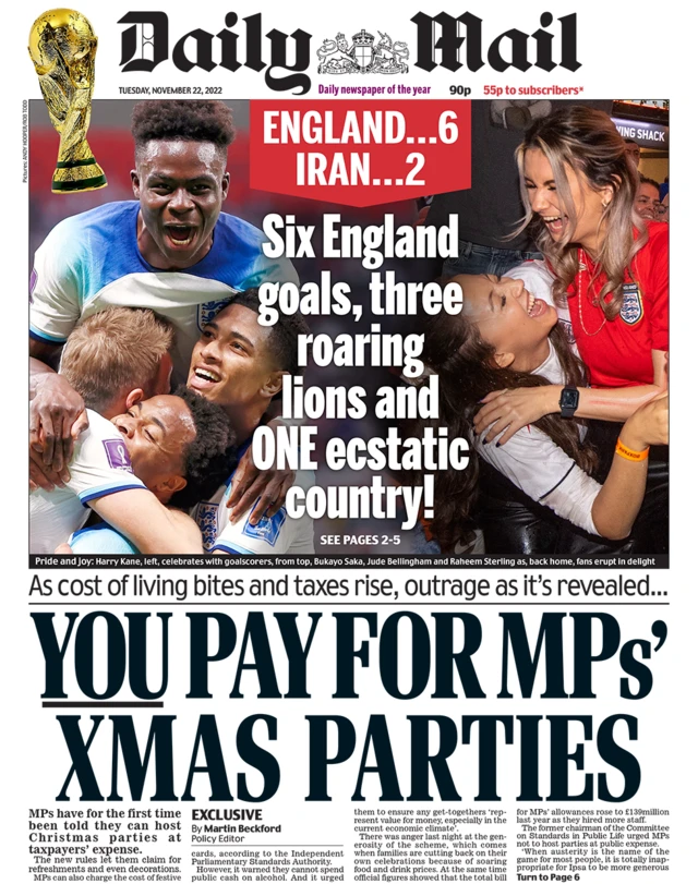 The headline in the Mail reads: "You pay for MPs' xmas parties"