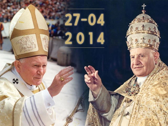 Montagem que mostra os papas João Paulo 2 e João 23 com a data da canonização (27/03/2014)