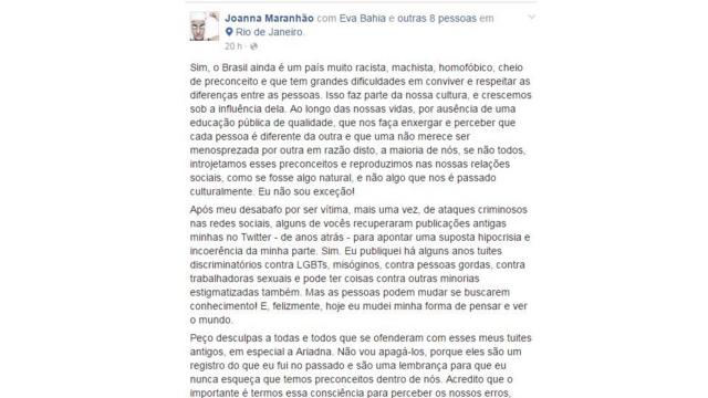 Post de Joanna Maranhão no Facebook