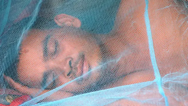 Hombre durmiendo con mosquitera