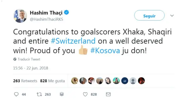 El presidente de Kosovo, Hashim Thaci, dijo estar orgulloso de los jugadores suizos.