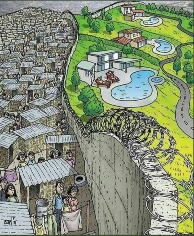 यामध्ये एका बाजूला झोपडपट्टी, तर दुसऱ्या बाजूला सुखवस्तू जीवन जगणारी माणसं दाखवण्यात आलीय.