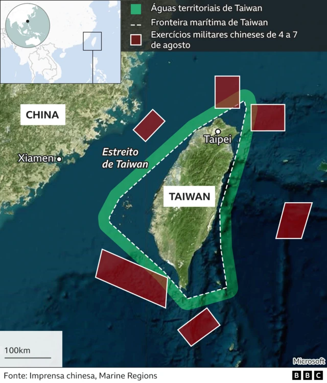 Mapa dos exercícios militares chineses