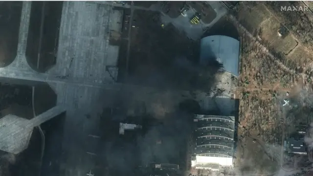 A handout satellite image made available by Maxar Technologies shows Antonov airport in Hostomel, Ukraine, 27 February 2022.