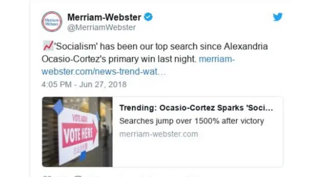 بعد فوز ألكسندريا، نشر موقع ميريام-ويبستر تغريدة على حسابه قائلاً بأن كلمة الاشتراكية كانت من أكثر الكلمات بحثاً على الموقع