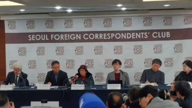 미쓰비시중공업 강제징용 피해자 양금덕(94) 할머니가 16일 서울 프레스센터에서 열린 외신기자간담회에서 발언하고 있다