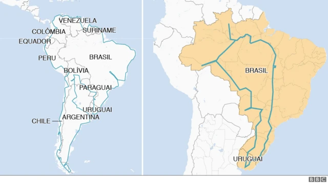 Mapas mostram caminho percorrido pelos uruguaios. Do lado esquerdo, a volta pela América do Sul; do lado direito, a segunda volta pelo Brasil para conhcer todos os estados