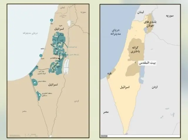 نقشه سمت راست مرزهای اسرائیل و سرزمین‌های اشغالی پس از جنگ شش روزه ۱۹۶۷ است و نقشه سمت چپ، نقشه پیشنهادی دونالد ترامپ در طرح "معامله قرن" است
