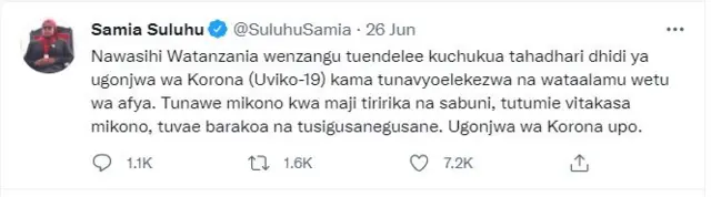 Picha ya ujumbe wa Rais Samia kwenye Twitter