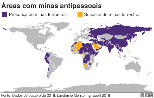 Um mapa que mostra áreas com minas no mundo