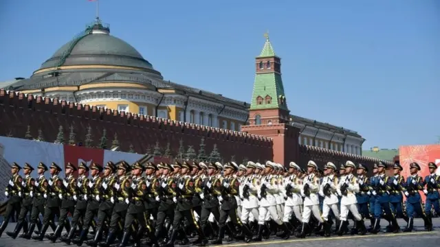 Russian servicemen march in the Victory Day Parade in Red Square in Moscow, Russia, June 24, 2020