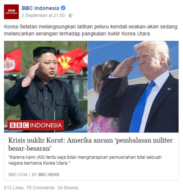 BBC 인도네시아 페이스북에 북한 핵 실험을 다룬 기사가 올라와 있다.