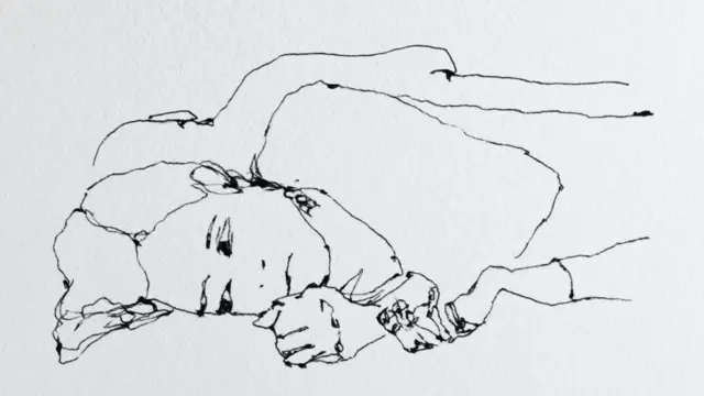 Dessin d'une jeune femme angoissée dans son lit. Un homme dort à côté d'elle