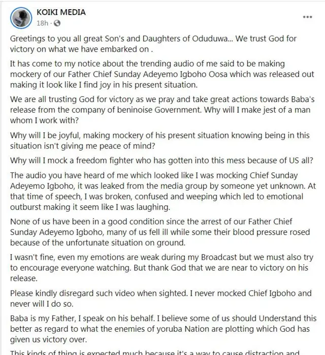 Ọrọ ti Koiki kọ soju opo Facebook rẹ