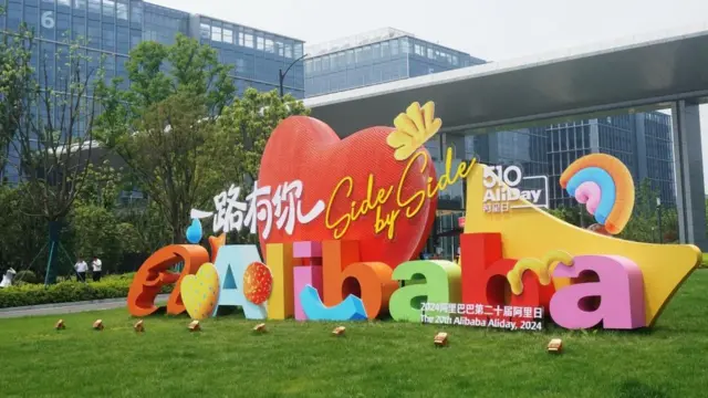 A logo is seen at Alibaba's Xixi Campus, the new global headquarters of Chinese tech heavyweight Alibaba Group Holding Ltd, on May 9, 2024 in Hangzhou, Zhejiang Province of China