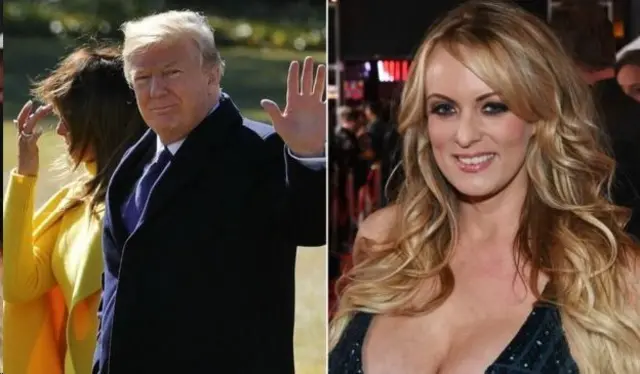 استورمی دانیلز، بازیگر فیلم‌های سکسی (سمت راست) ادعا کرده بود که سال ۲۰۰۶ با آقای ترامپ رابطه داشته است