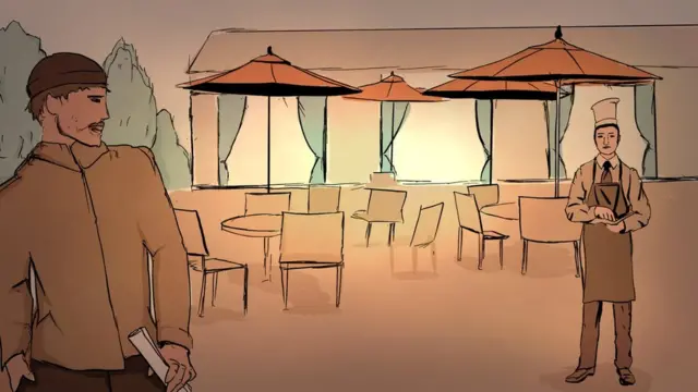 Рисунок - официант и человек со свертком бумаги