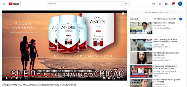 Imagem mostra canal do YouTube divulgando kit para engravidar