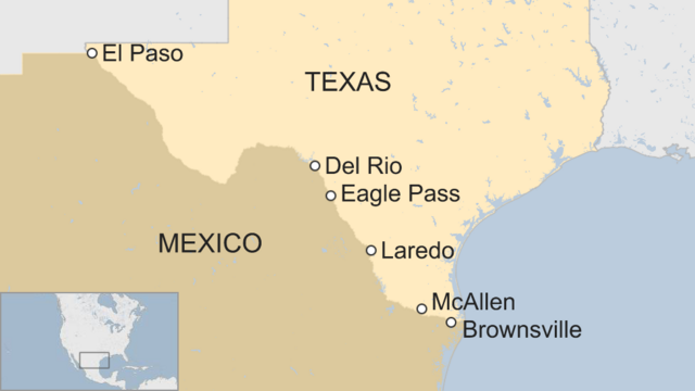 Un mapa de ciudades fronterizas de Texas