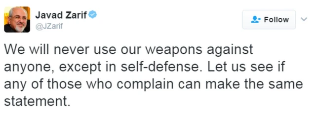 İran Dışişleri Bakanı Cevat Zarif: "Silahlarımızı öz savunma dışında hiçbir zaman kullanmayacağız. Bakalım silahlarımızdan rahatsız olanlar da aynı açıklamayı yapabilecek mi"