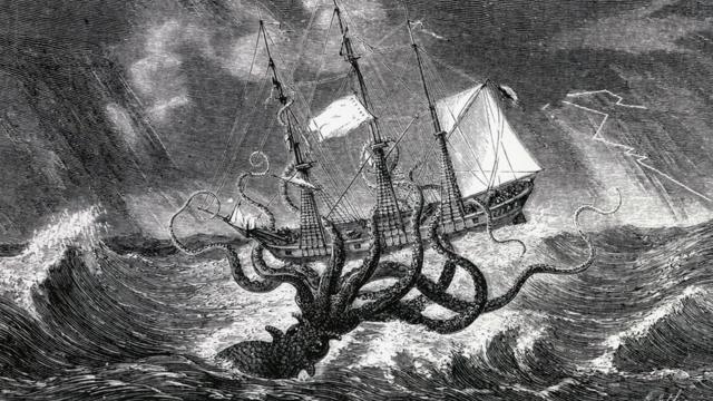 Una ilustración de un calamar gigante atacando un barco