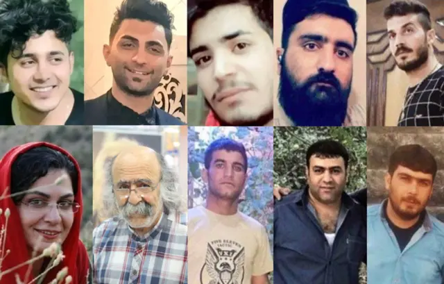 به ترتیت از بالا راست: عباس محمدی، محمد بسطامی، امیرحسین مرادی، سعید تمجیدی، محمد رجبی، هادی کیانی، مهدی صالحی و مجید نظری (محکوم به اعدام) و کیوان صمیمی و بهاره هدایت (محکوم به زندان)