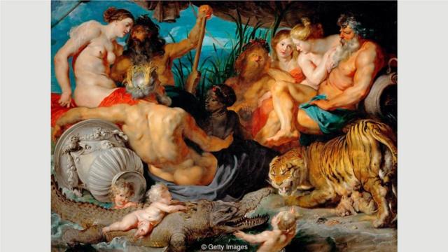 鲁本斯（Rubens）的作品《天堂的四条河流》（The Four Rivers of Paradise）[亦称作《四大洲》（the four continents）]就十分不同寻常，画中有一位强壮的黑人女性形象。