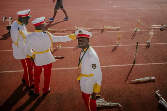 The military band get prepared prior the ceremony celebrating Independence Day at the September 24 Stadium, in Bissau on November 16, 2021.