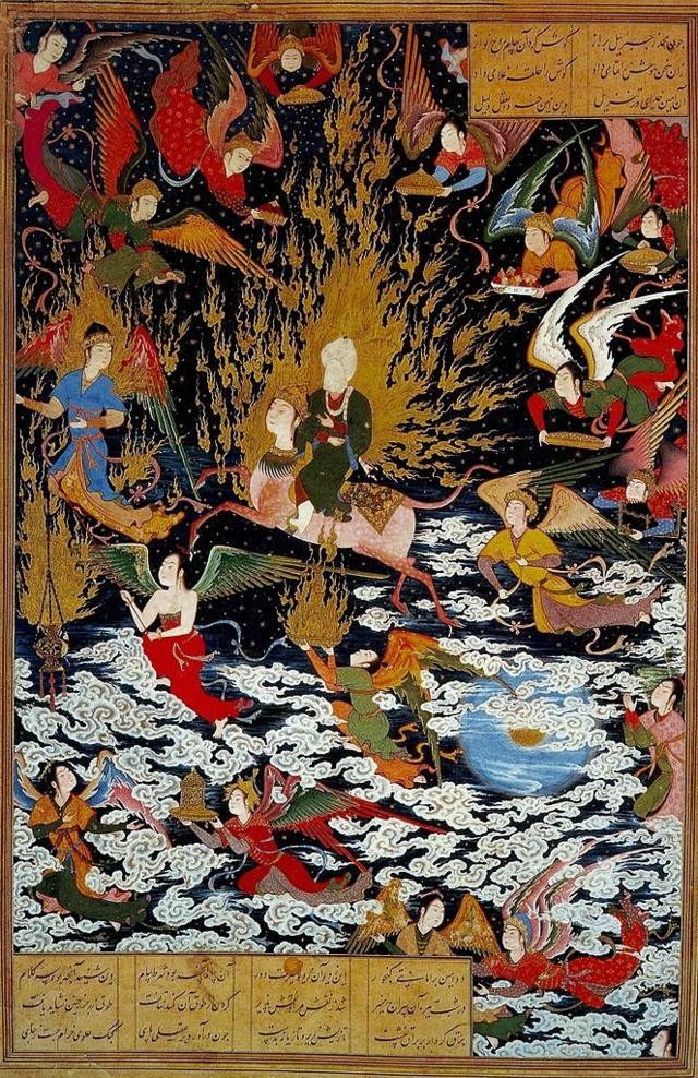 Gravura persa de 1550 dC retratando o Profeta Maomé ascendendo no Burak ao céu, uma jornada conhecida como Miraj