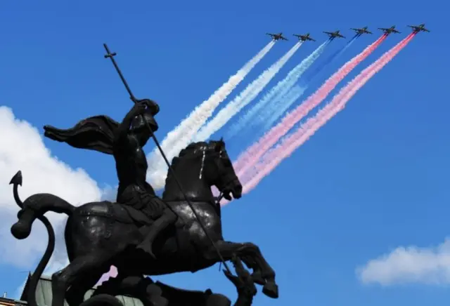 Russian Sukhoi Su-25 close air support jets take part in a fly-over in Moscow during the military parade to commemorate the 75th anniversary of Victory in World War II in Moscow, Russia, 24 June 2020.