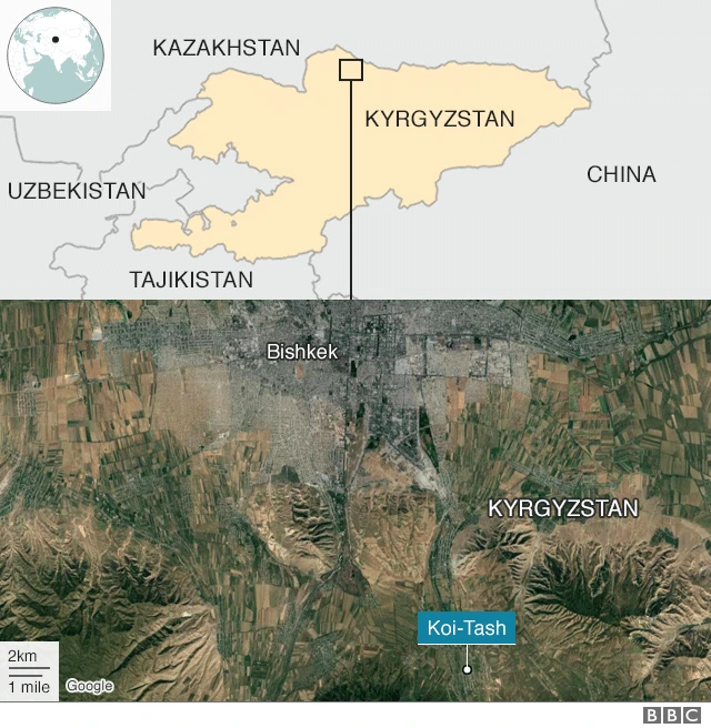 A map shows Kyrgyzstan in relation to China, India, and its neighbours, with Bishek, the capital, marked