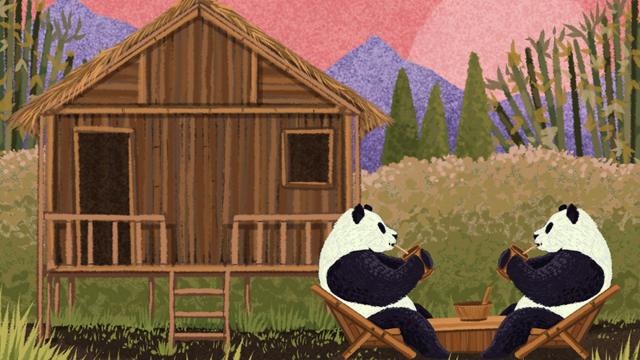 Ilustración de dos pandas tomando té frente a una casa hecha de bambú