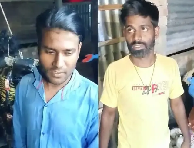 আটক হওয়া প্রতিমা শিল্পী প্রহ্লাদ সর্দার (ডানে), তার ভাই প্রতাপ সর্দার (বাঁয়ে)