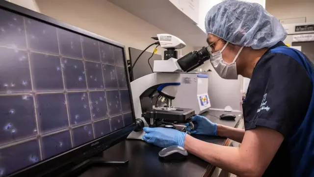 دانشمندی در میکروسکوپ نگاه میکند