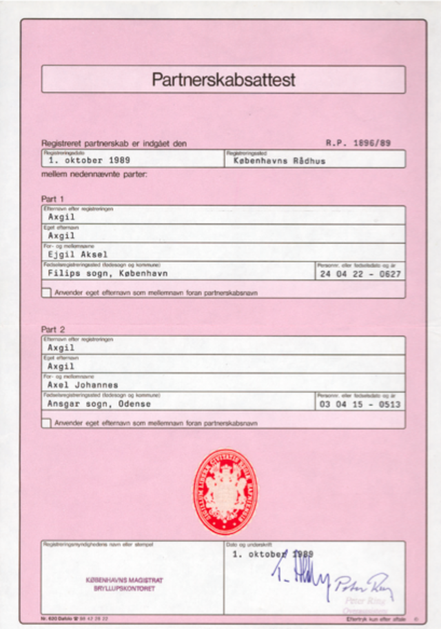 Certificado de matrimonio de Axel y Eigil Axgil