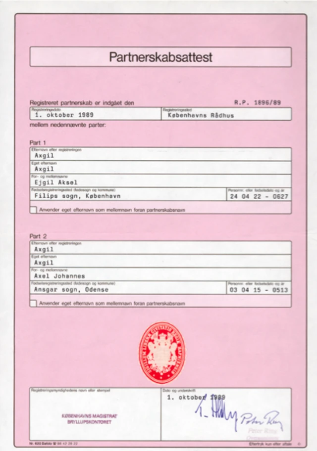 Certificado de matrimonio de Axel y Eigil Axgil