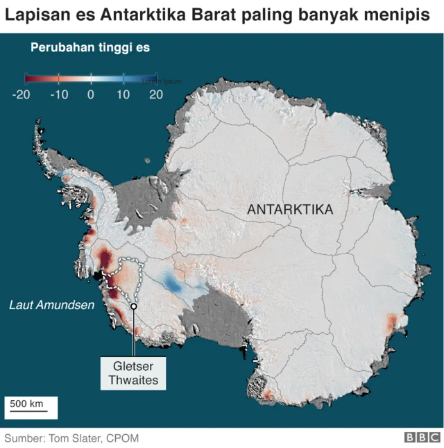 Lapisan es Antarktika Barat paling banyak menipis. Perubahan tinggi es. Antarktika. Laut Amundsen