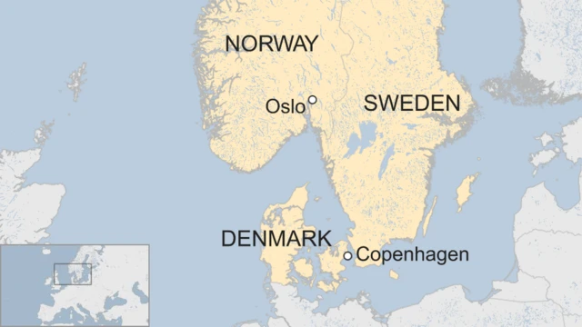 A BBC map showing the relative locations of Copenhagen and Oslo