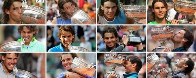 A collage of all 12 of Rafael Nadal's victories at the French Open