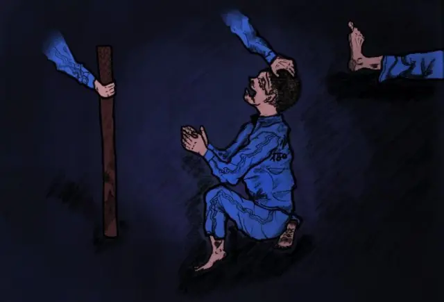 몽둥이 앞에서 빌고 있는 소년 그림