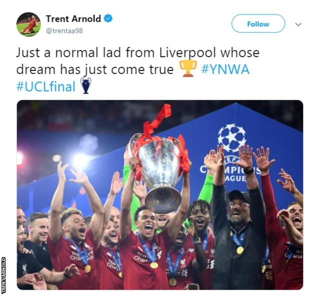 Trent Arnold tweeted: Just a normal lad from Liverpool whose dream has just come true