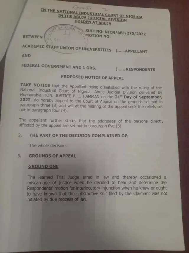 Aworan iwe ti ASUU fi pẹjọ kotẹmilọrun