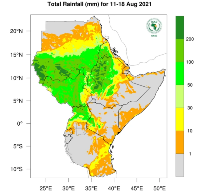 ትንበያ ኩነታት ዝናብ ካብ 11-18 ነሓሰ 2021
