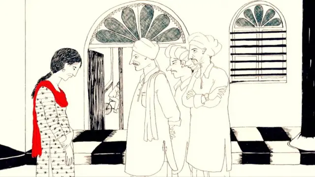 गीता और गांव के बुज़ुर्गों का रेखांकन