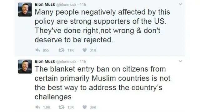 Tesla CEO'su Elon Musk ise Twitter'dan, "Bu genelde Müslüman ülkelerden vatandaşlara battaniye giriş yasağı ülkenin zorlukları ile mücadele etmek için en iyi yöntem değil. Bu politikadan olumsuz etkilenen çoğu kişi ABD destekçisi. Doğru yaptılar, yanlış yapmadılar ve reddedilmeyi hak etmiyorlar" dedi.
