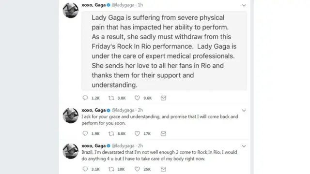 mensagens no Twitterroleta realLady Gaga comunicando que não viria ao Brasil para Rock in Rio