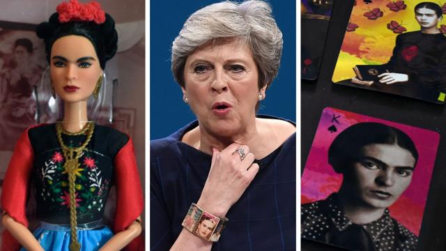 卡萝版芭比娃娃、特里莎·梅首相戴的手镯、和印着她头像的扑克牌