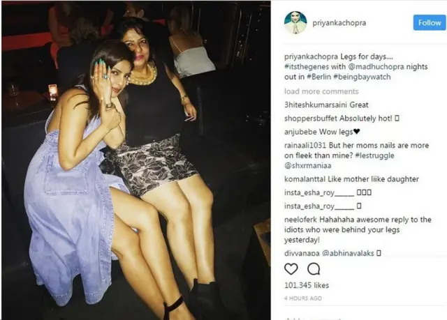 خانم چوپرا به طور مستقیم به انتقادها پاسخ نداد اما در اینستاگرام خود عکسی از خود و مادرش در لباس‌هایی که پاهایشان را نشان می‌داد، منتشر کرد و این عکس در کمتر از ۴ ساعت بیش از ده هزار بار لایک شد.