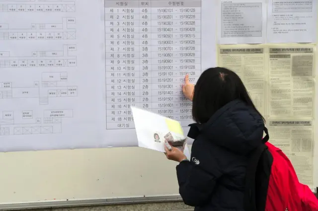 Alumna revisando un anuncio del examen
