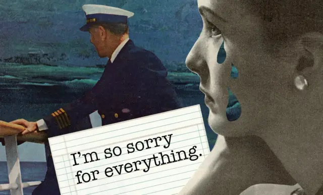 Illustration showing a man in naval uniform looking out to sea while a woman with tears on her face looks on wistfully, with the text, "I'm so sorry for everything"